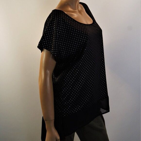 Studio Y Womens Top Swiss Dot Black Silver Contrasting Hem Size XL Blouse - Picture 5 of 8